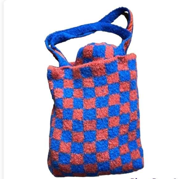 Free People Checkered Tote and Scarf Set Orange and Blue. - Picture 4 of 15
